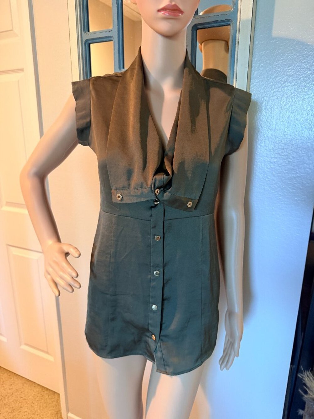 Olive Green Convertible Cowl Neck Snap Blouse